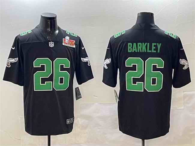 Men's Philadelphia Eagles #26 Saquon Barkley Black 2025 Super Bowl LIX Patch Throwback Vapor Untouchable Limited Stitched Football Jersey